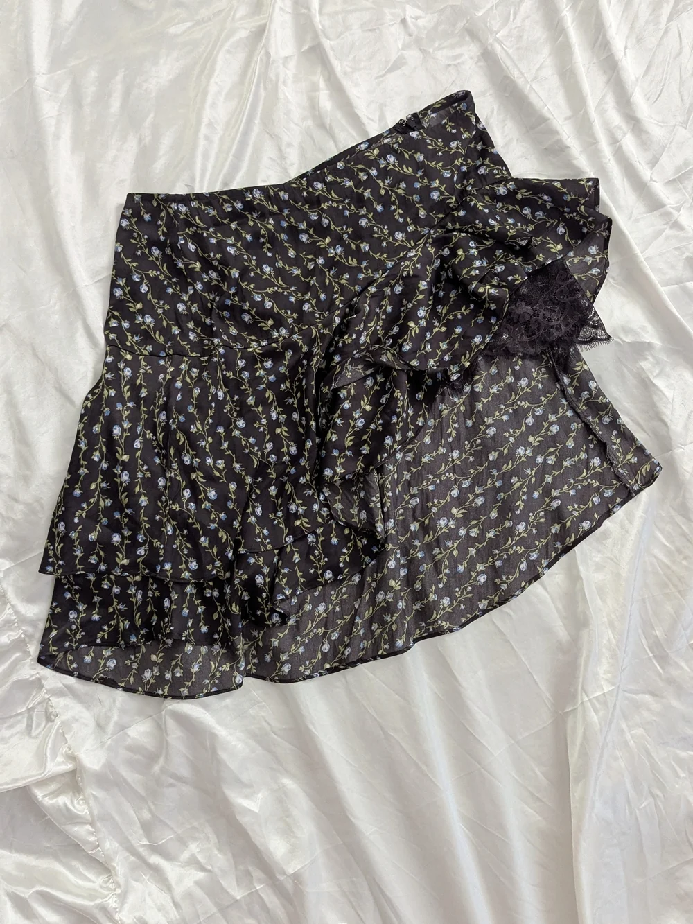 Kimchi Blue Black Mini Skirt with Blue Floral Print